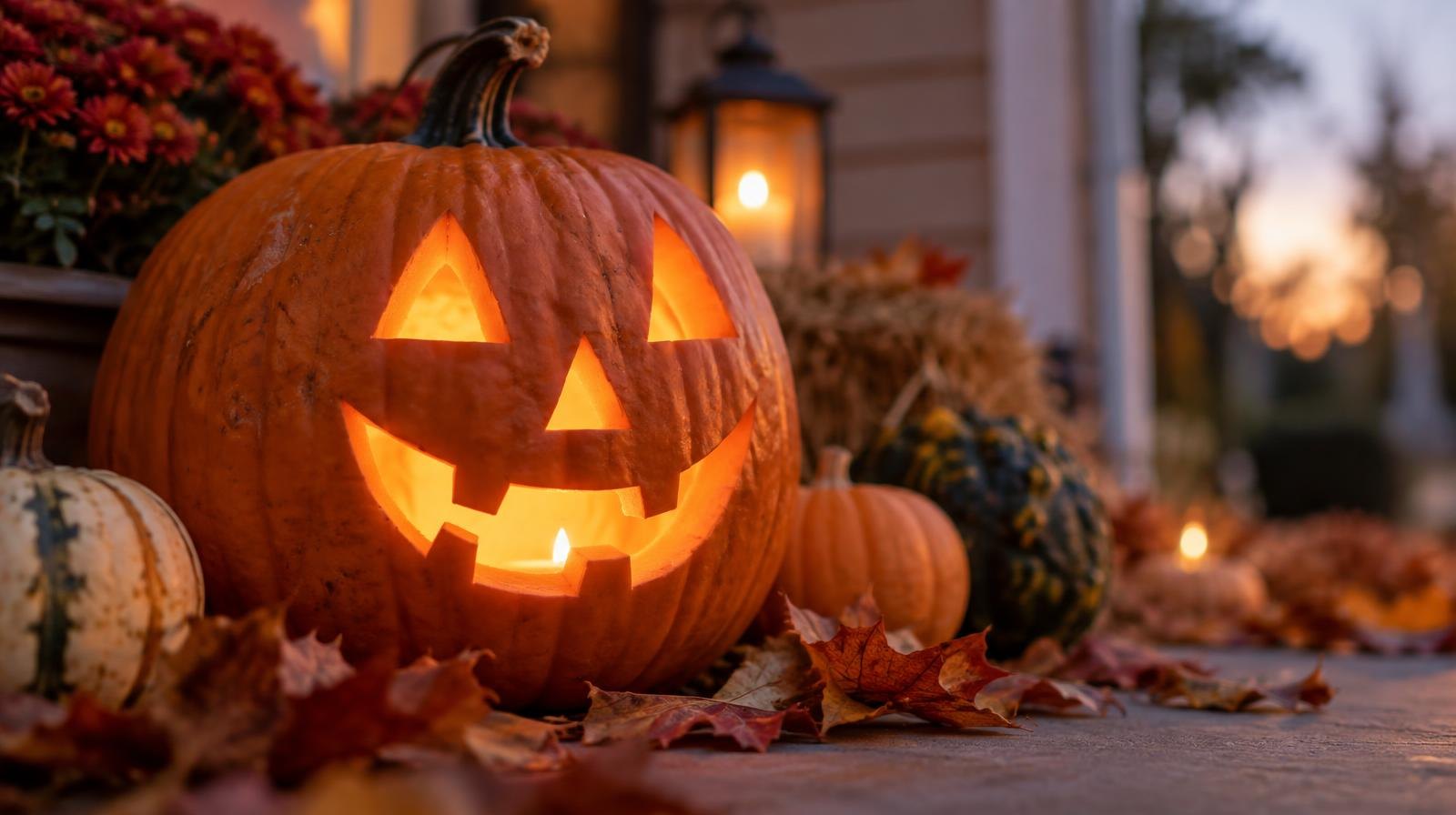 A carved pumpkin glowing with orange candlelight surrounded by autumn leaves and small gourds.