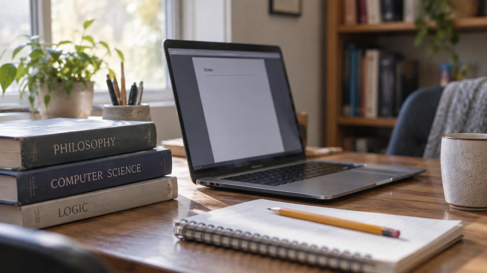 Open laptop on a wooden desk beside stacked textbooks, a notebook, and a pencil.