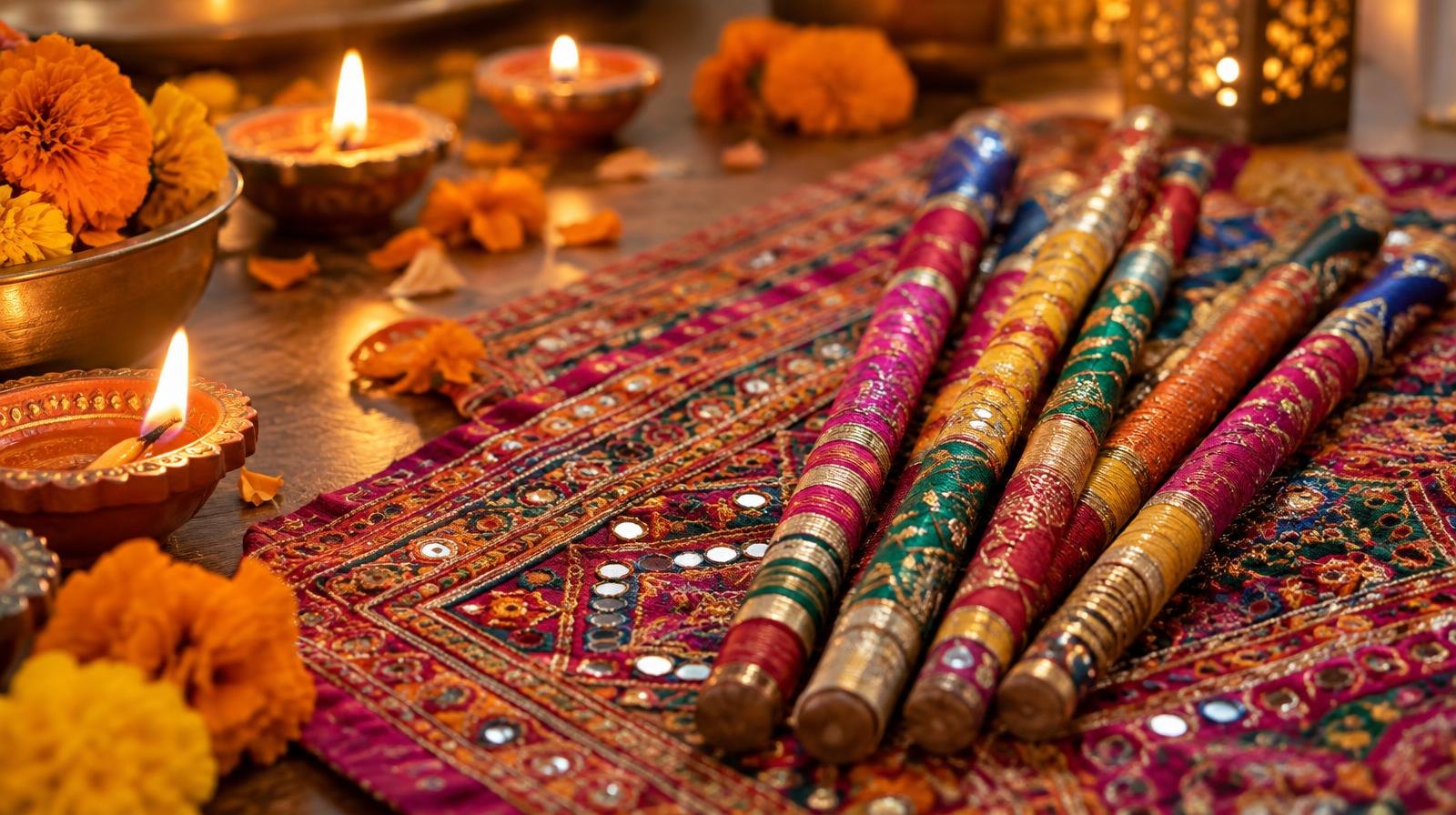 Colorful dandiya sticks fanned out on embroidered cloth with small oil lamps and flower petals.