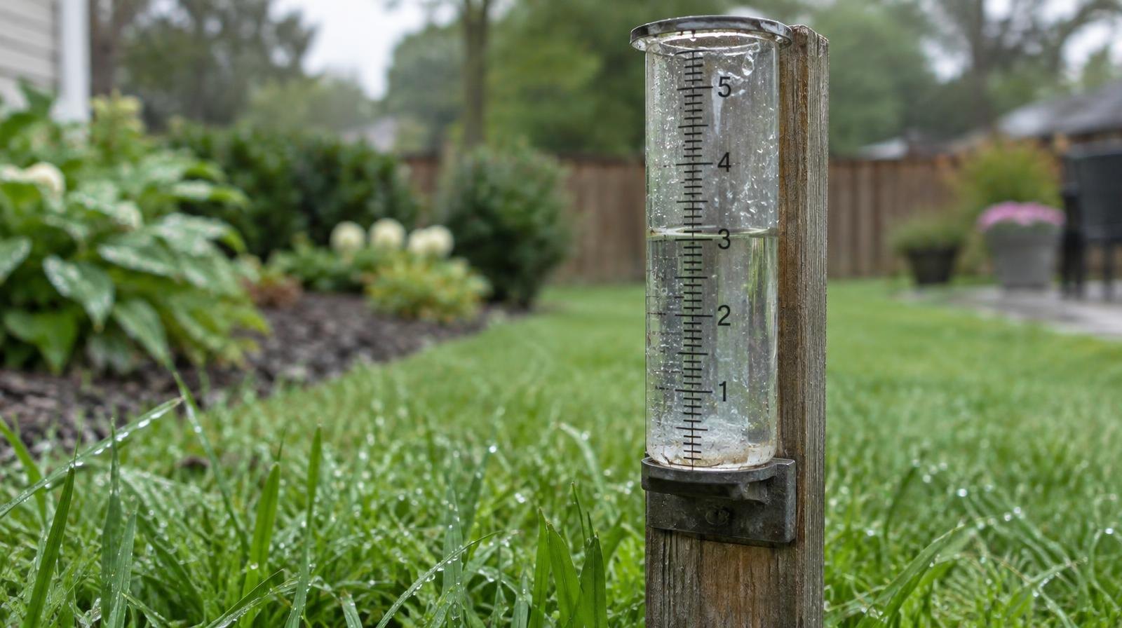 A garden rain gauge on a wooden stake surrounded by wet green grass.