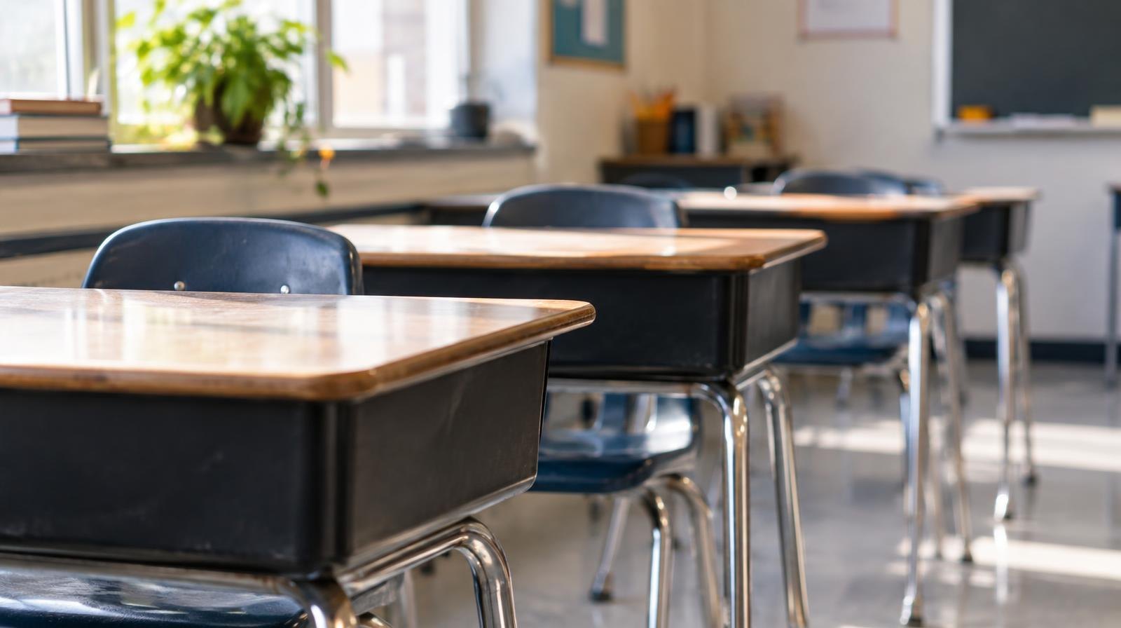 Rows of empty student desks in a bright classroom with natural light.