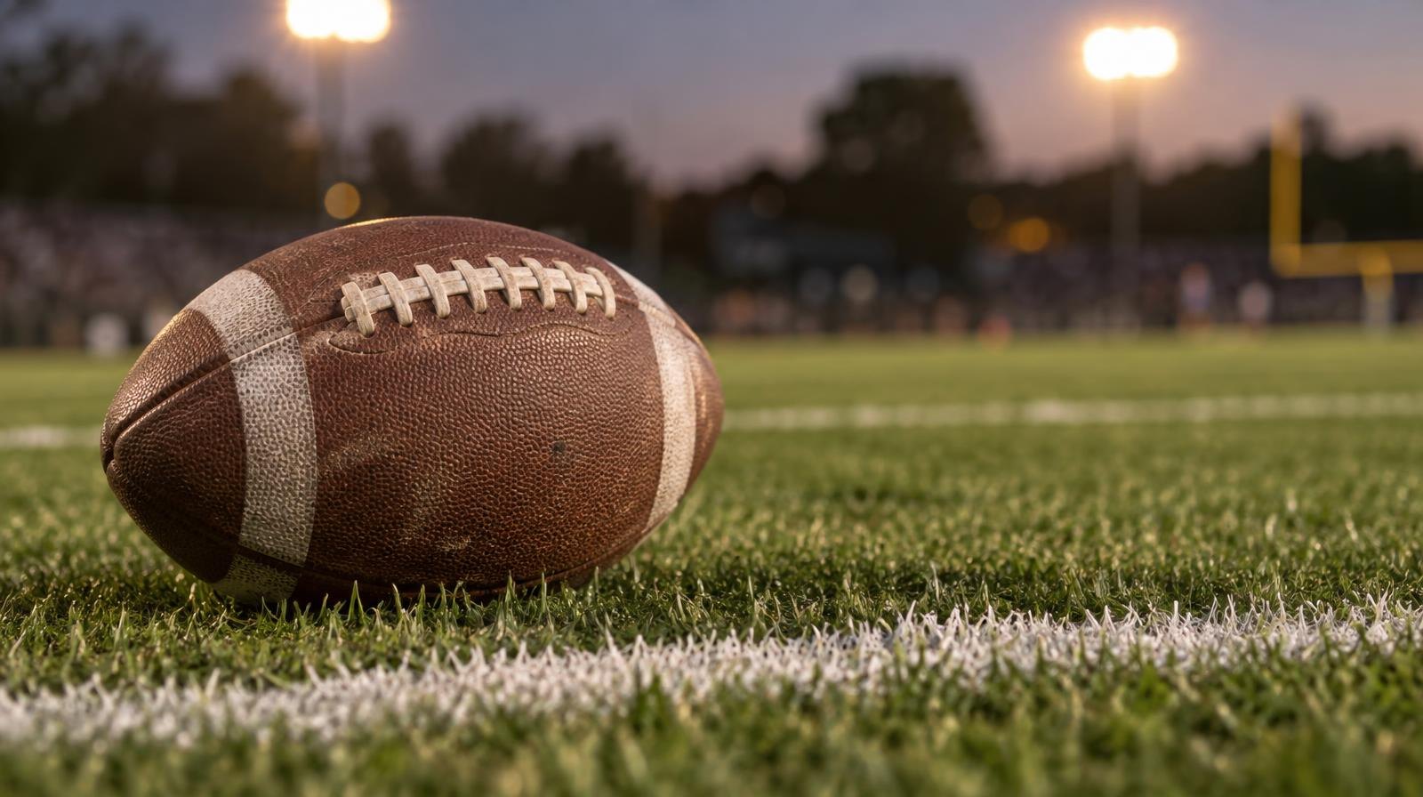 An American football resting on green grass near a white yard line under stadium lights.
