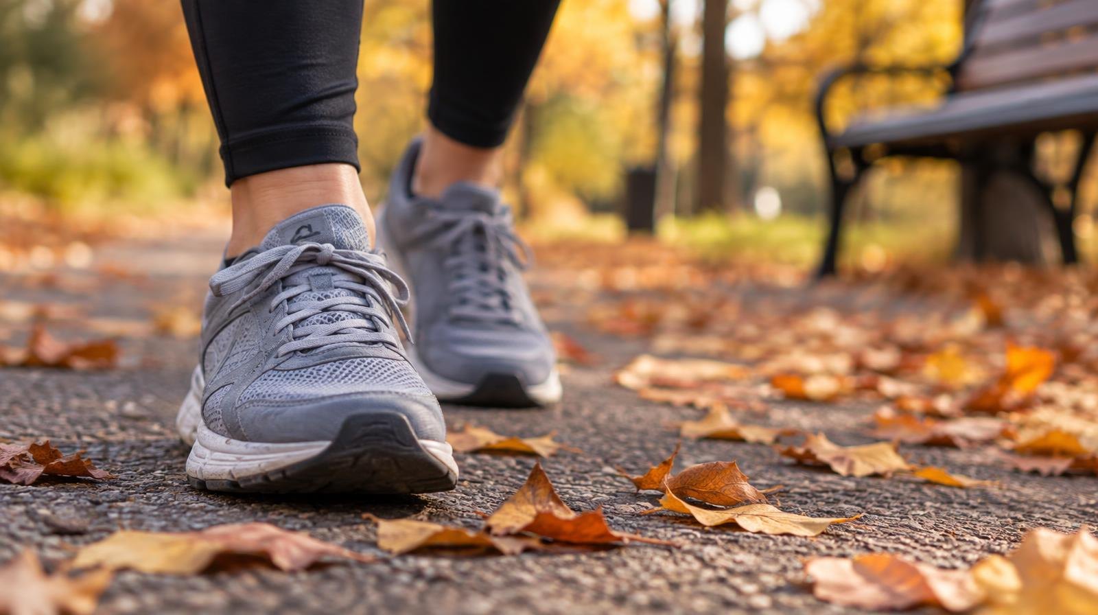 A pair of running shoes on a paved path surrounded by autumn leaves.
