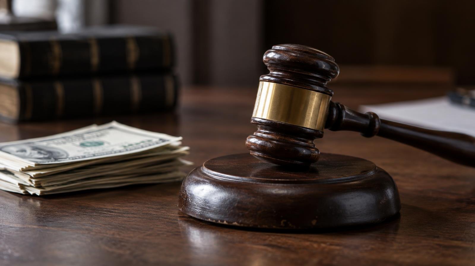 A wooden gavel on its sound block next to folded currency on a dark surface.