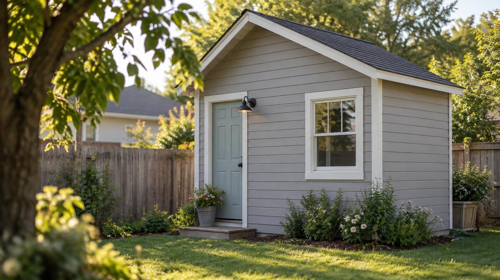 Small detached cottage with gabled roof and wood siding on a green lawn.