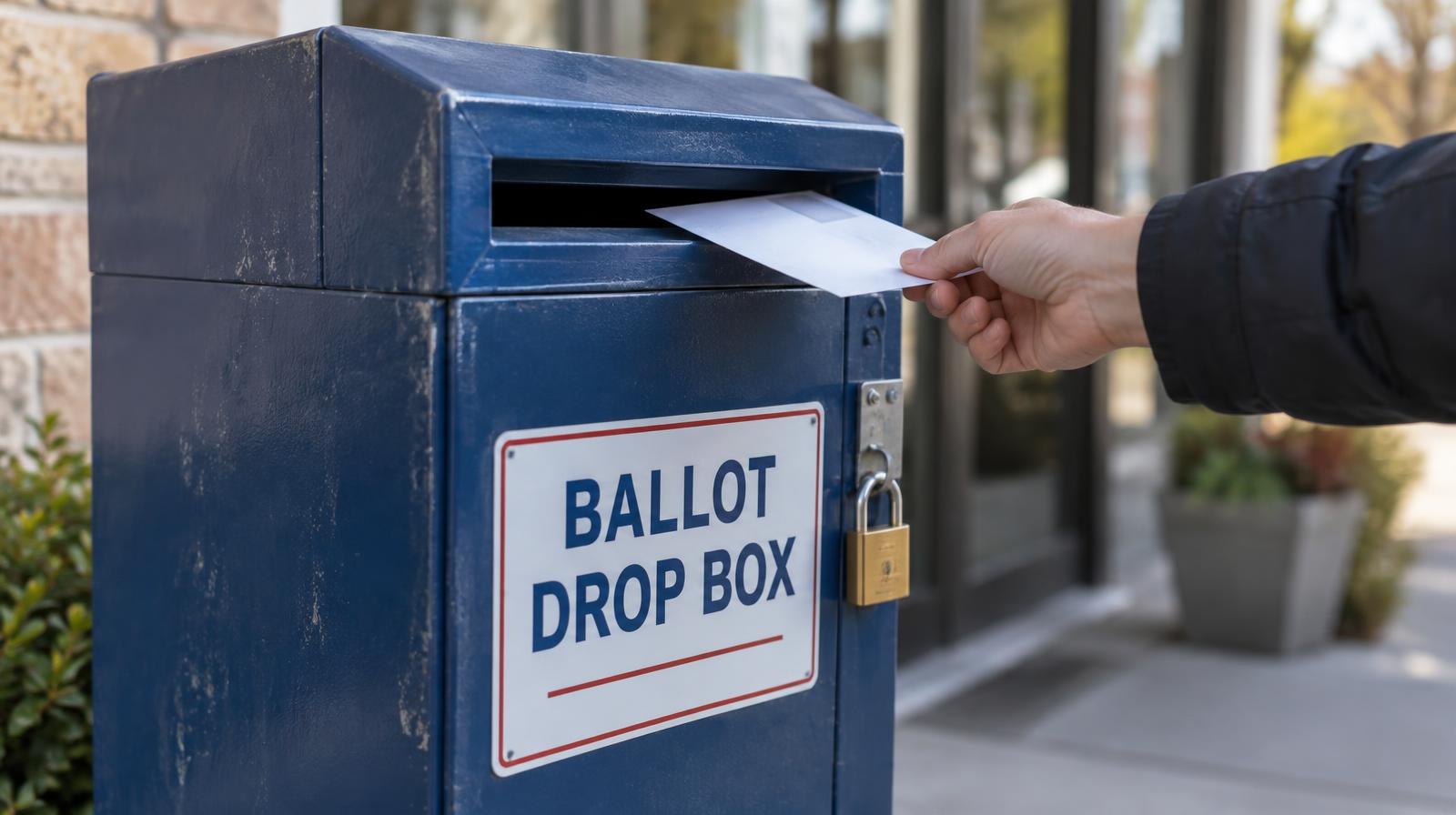 A dark blue metal ballot drop box with a slot and padlock mounted outdoors.