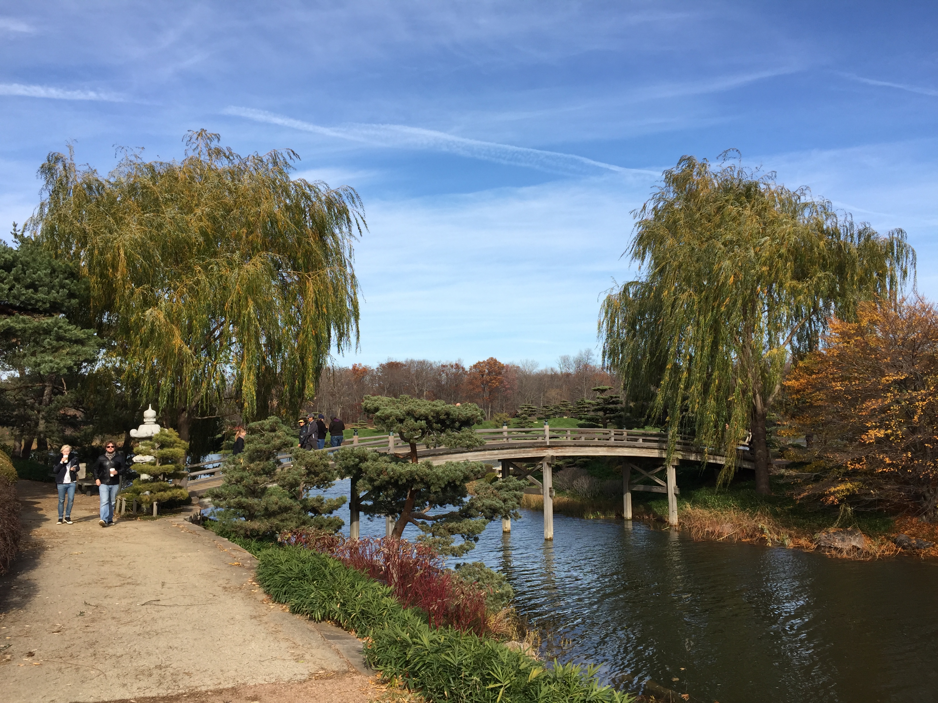 Arched wooden bridge over a pond at a botanical garden in autumn