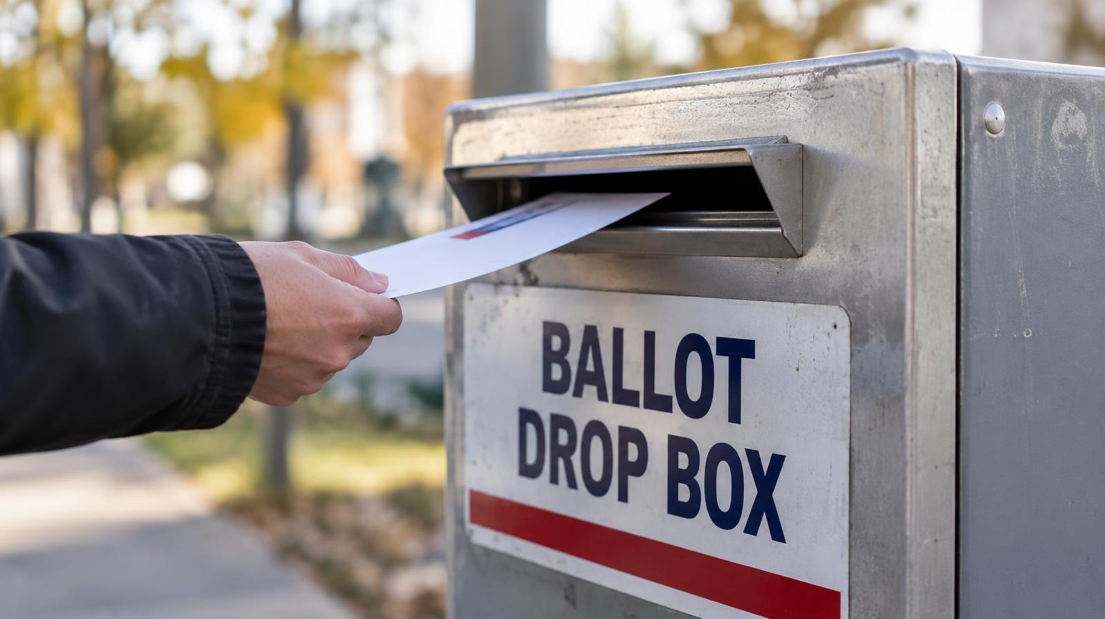 A hand inserting a ballot envelope into an outdoor drop box slot.