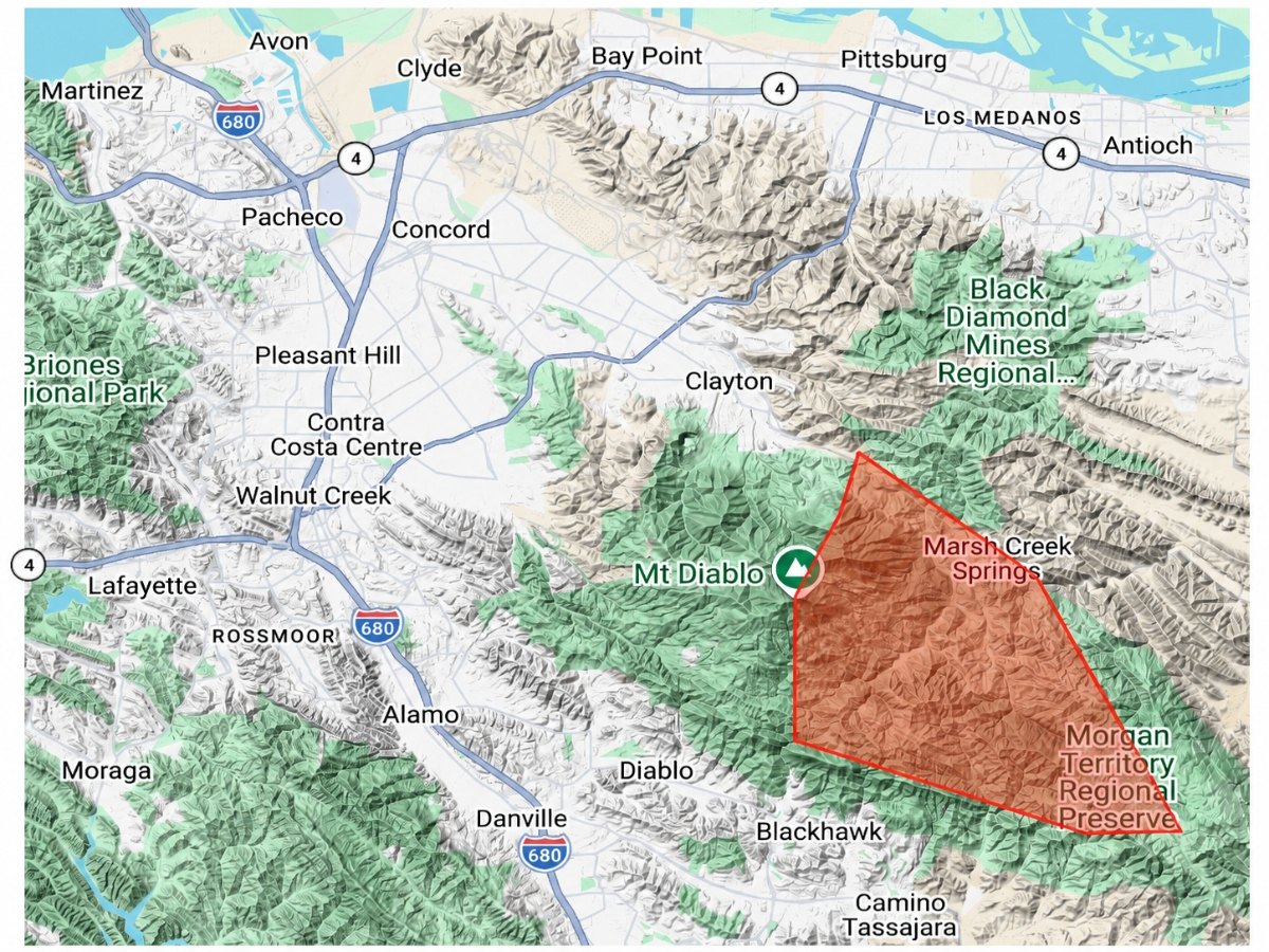Topographic map showing a red-shaded fire zone near Mount Diablo in Contra Costa County.