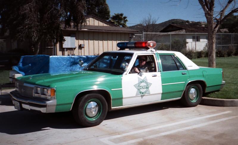 A green and white sheriff's patrol car with a light bar parked outdoors.