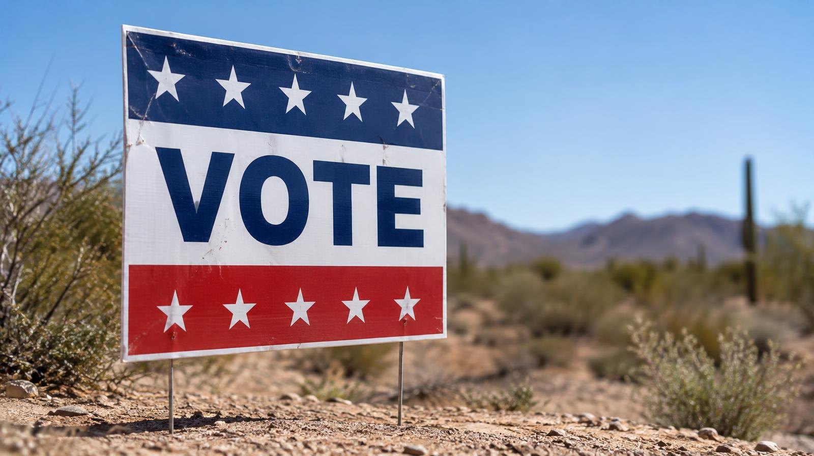 A generic campaign yard sign staked in dry desert soil under a blue sky.
