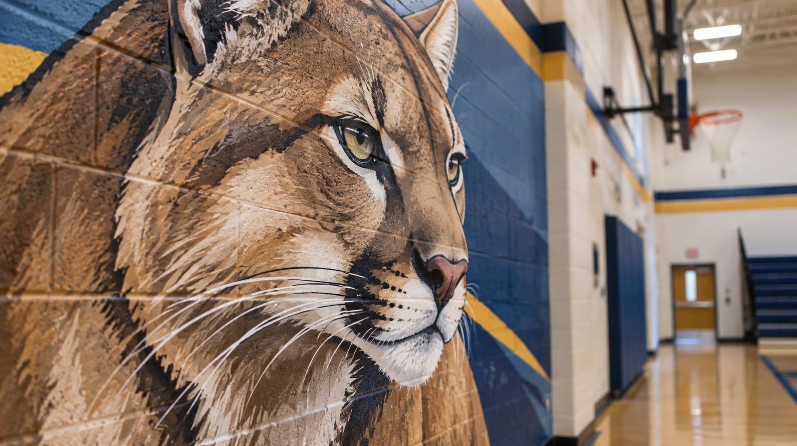 Colorful cougar mascot mural painted on a concrete block gymnasium wall.