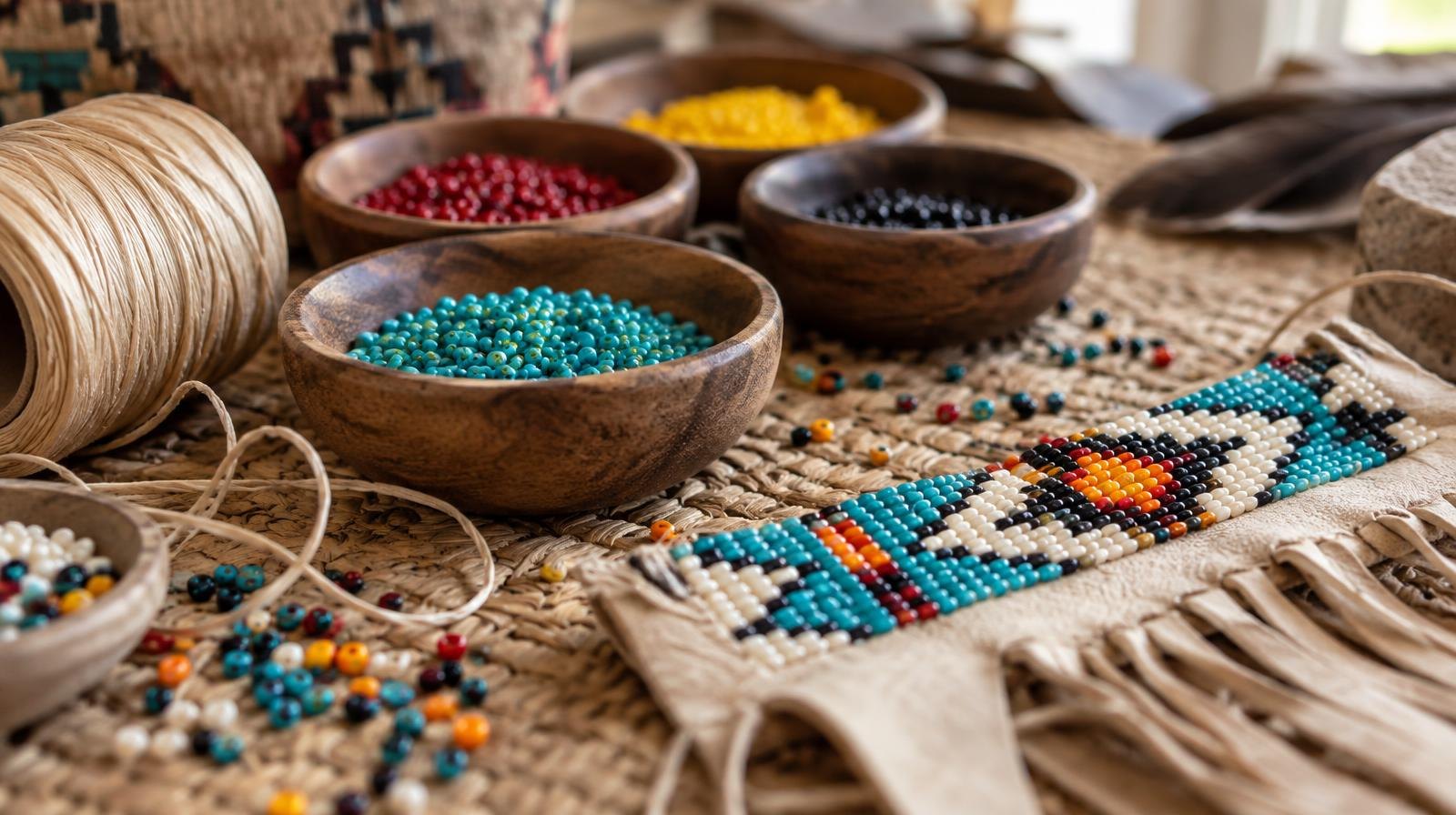 Colorful glass beads and a partially finished beaded piece on a woven mat.