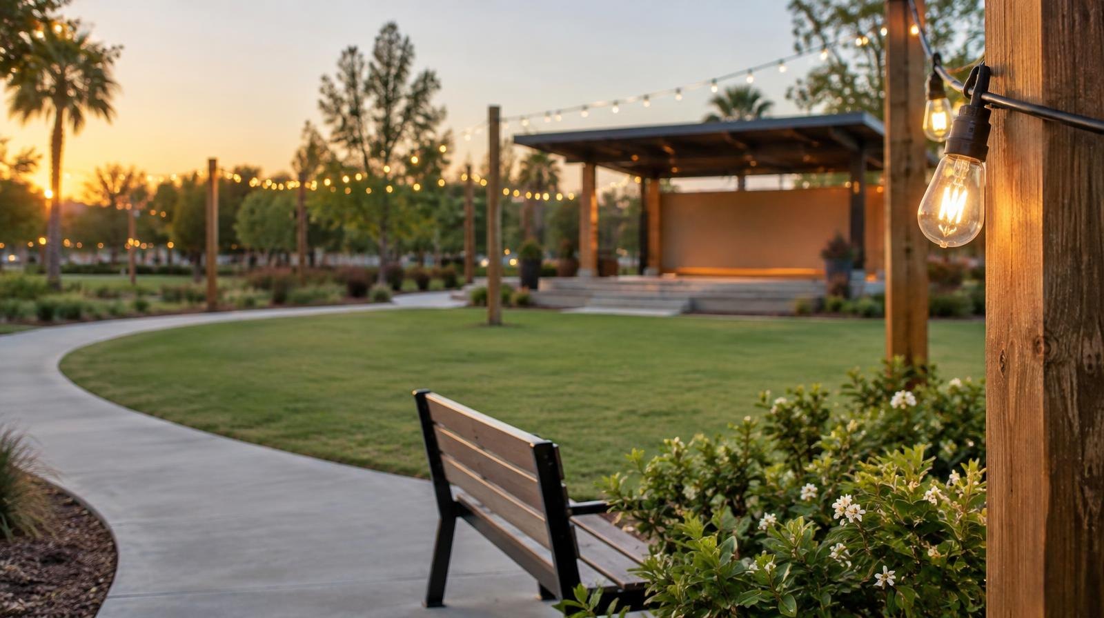 Landscaped park lawn with a paved path, small stage, and string lights at dusk.