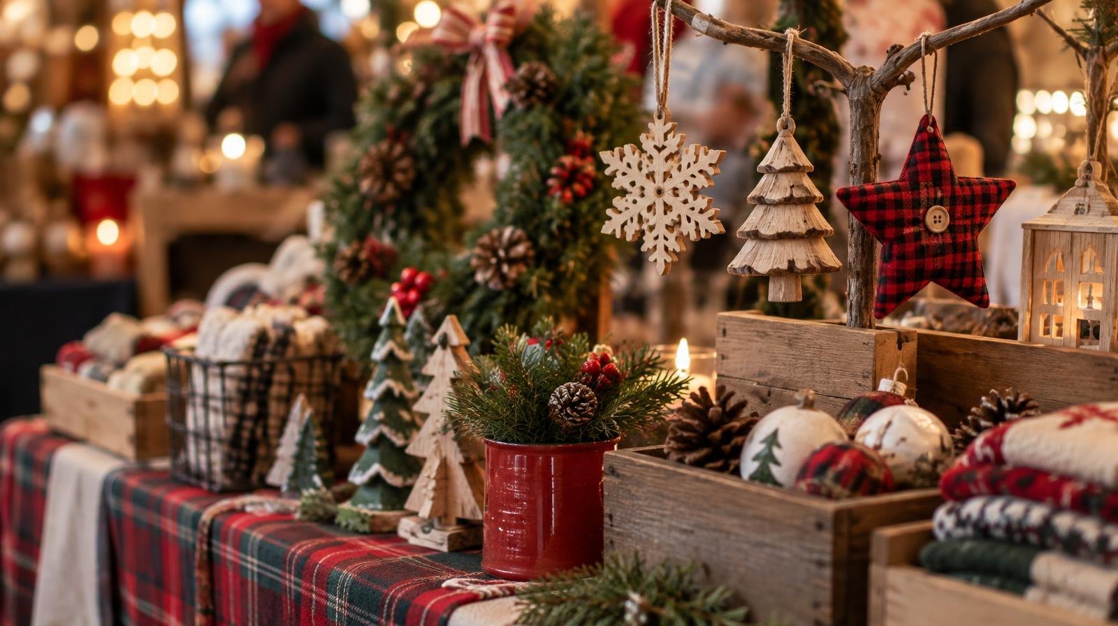 Festive holiday ornaments, wreaths, and crafts displayed on a vendor table indoors.