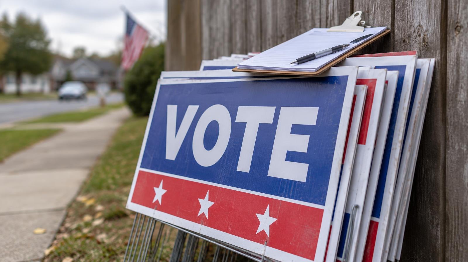 Stack of colorful campaign yard signs leaning against a wooden fence outdoors.