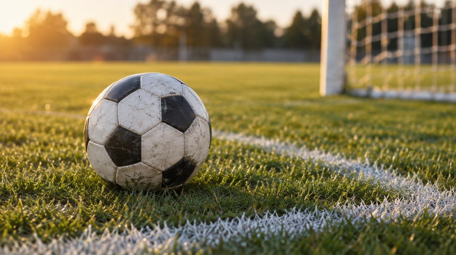 A soccer ball on a green grass field near white painted penalty area lines.