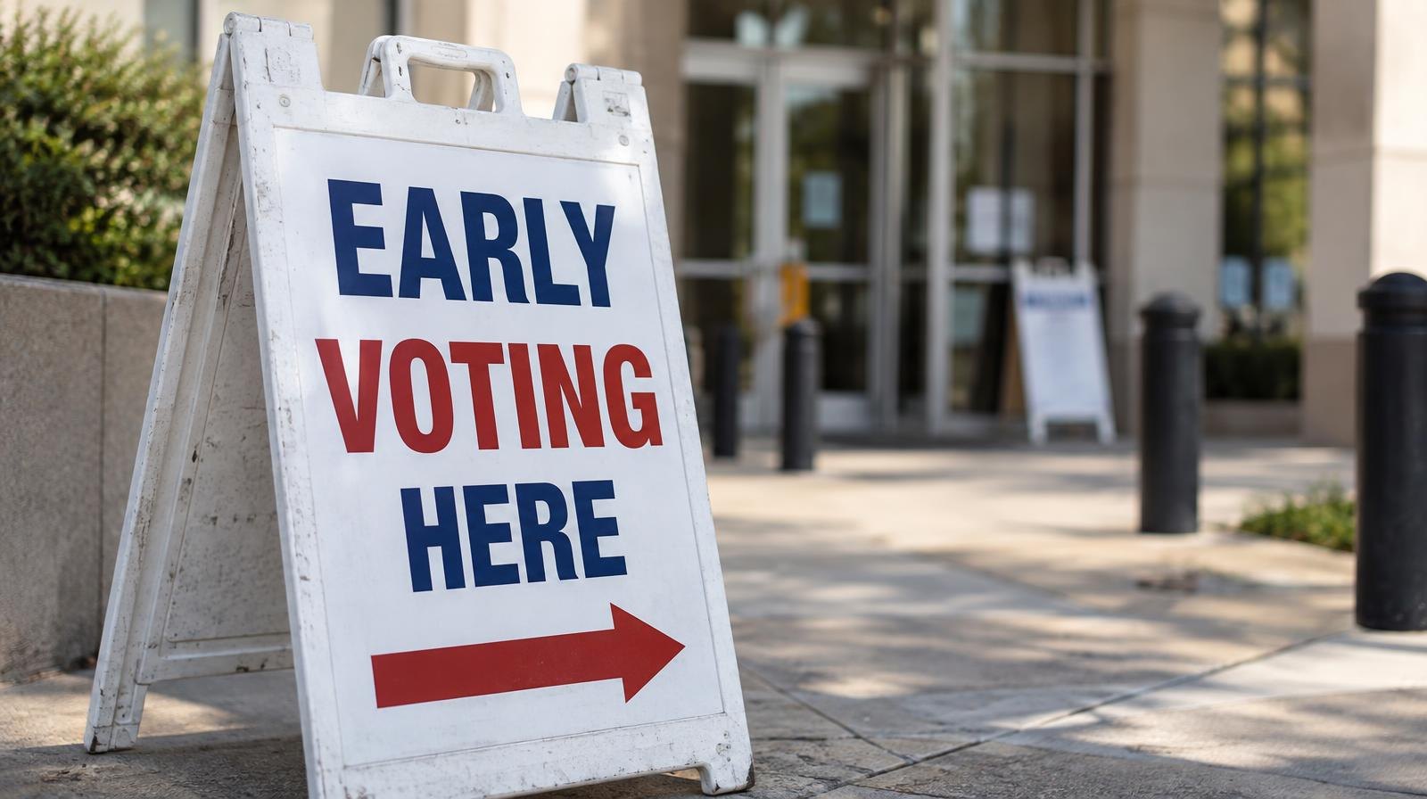 A portable early voting A-frame sign on a sidewalk outside a building entrance.