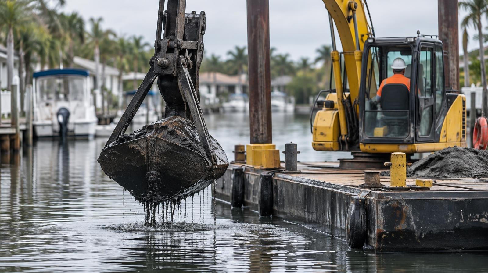 A dredging barge moves through a narrow residential waterway with moored boats along the banks.