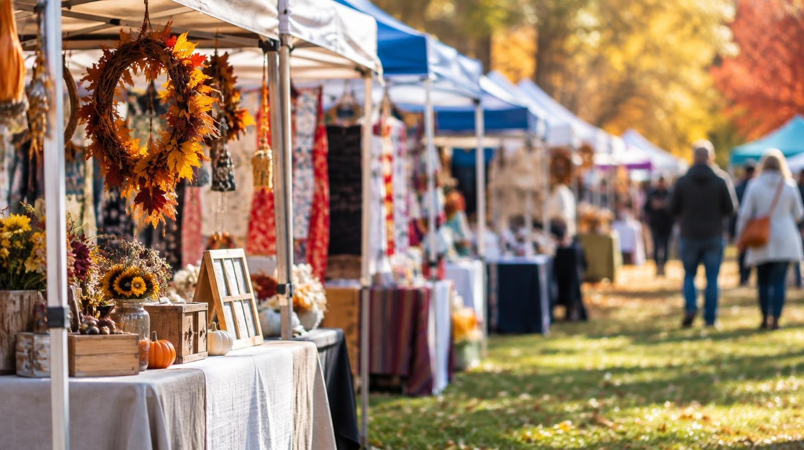 Rows of colorful vendor canopy tents lining a grassy park path on a sunny day.