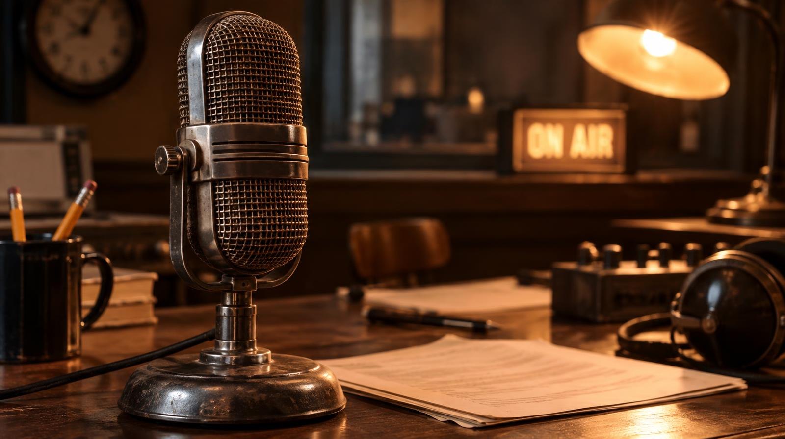 A vintage tabletop microphone on a wooden desk under warm amber studio light.