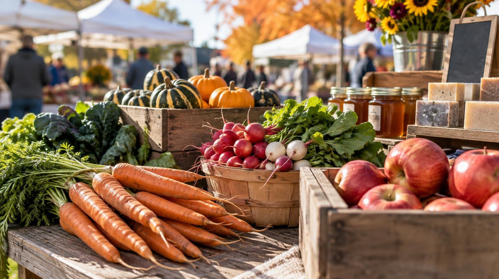 Colorful vegetables and goods arranged on a wooden table at an outdoor market.