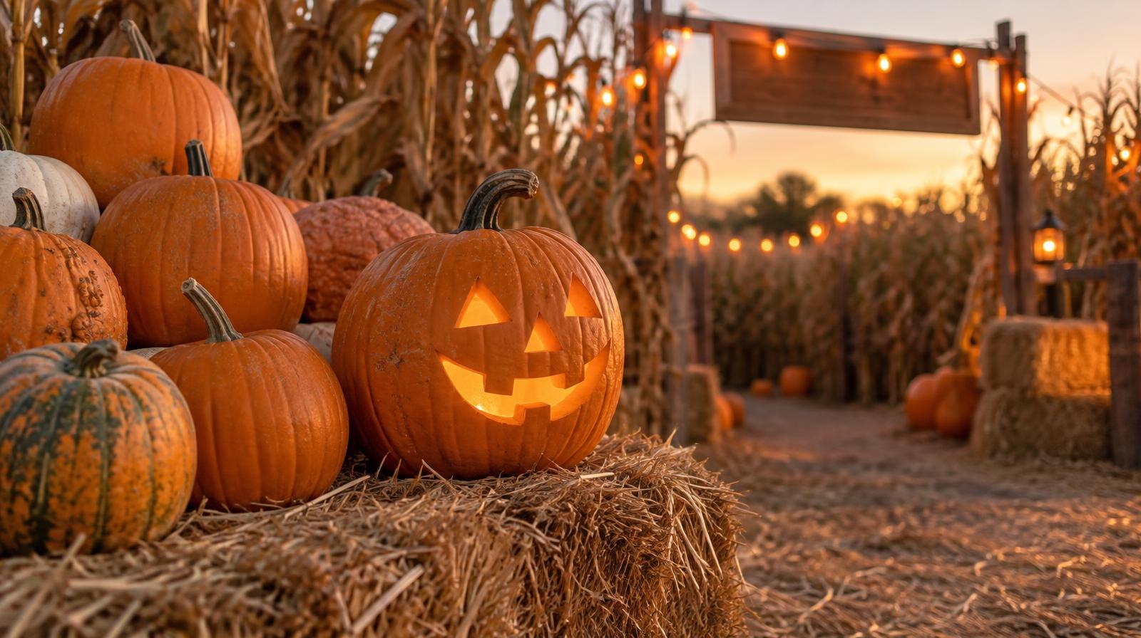 Carved and uncarved pumpkins on hay bales beside a corn maze entrance at dusk.