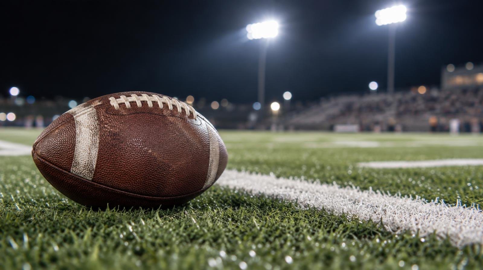 An American football on green artificial turf beside a white yard line under bright stadium lights.
