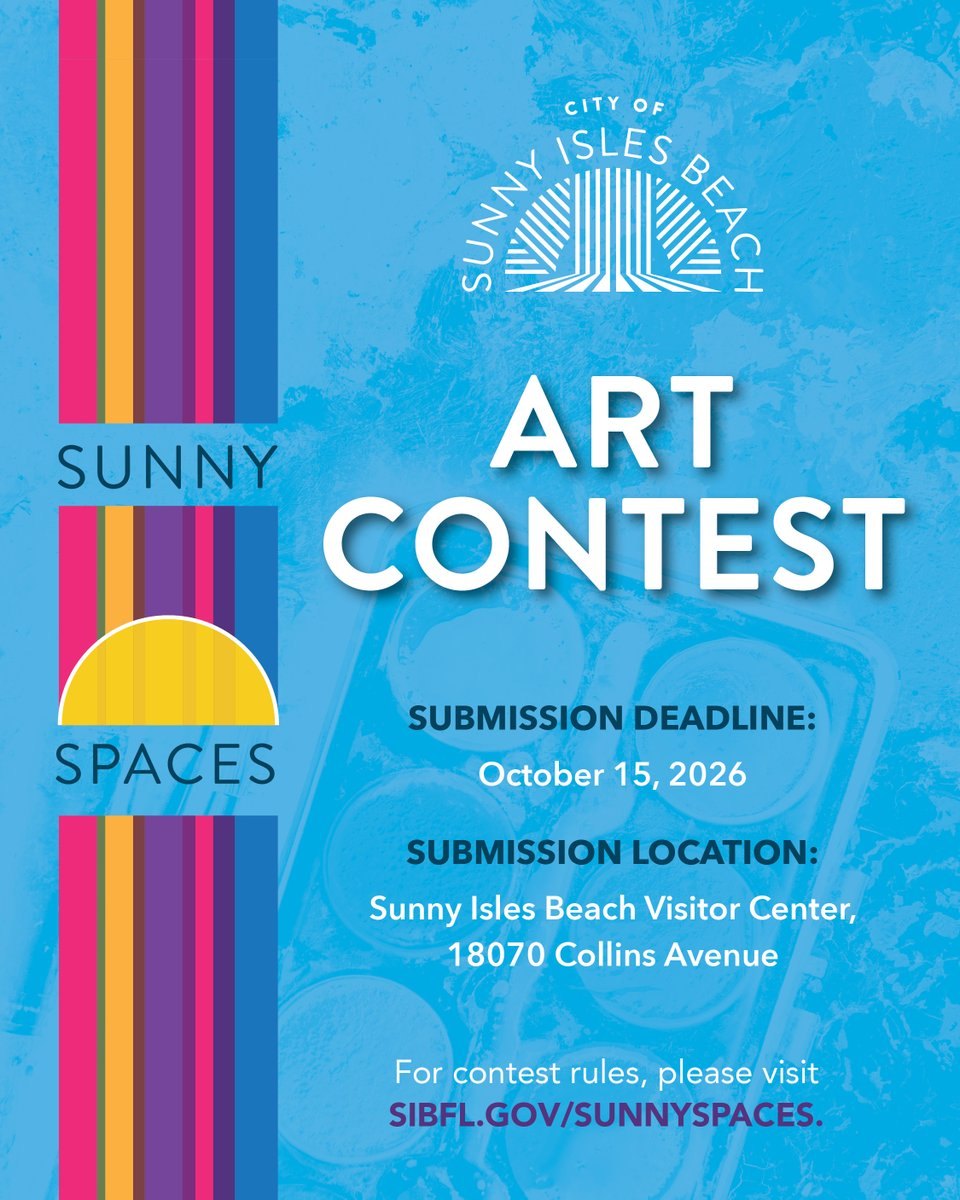 Colorful promotional flyer for the Sunny Spaces Art Contest with submission deadline and city logo.