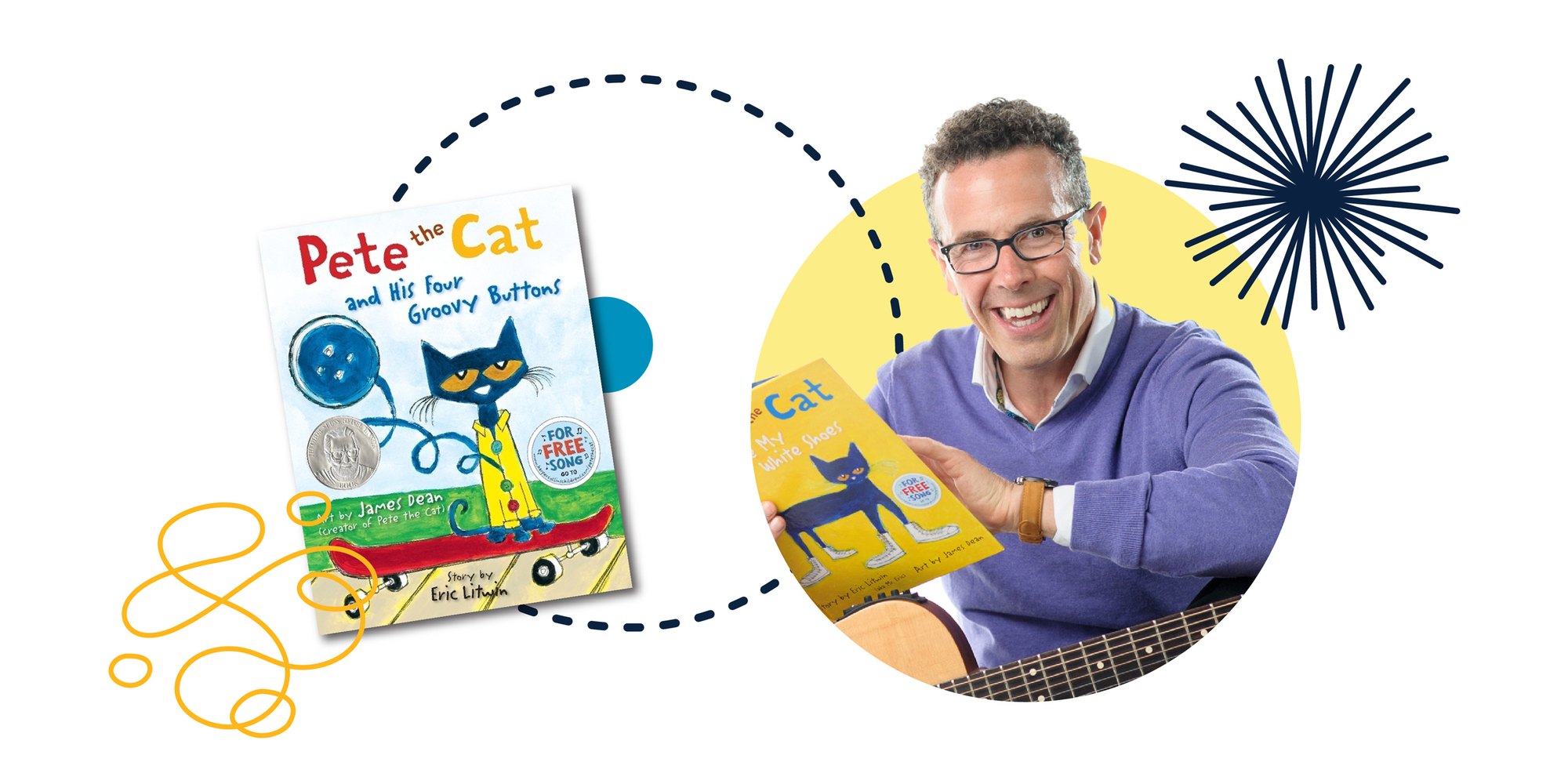 Smiling man holding a Pete the Cat book with a guitar visible in the foreground.