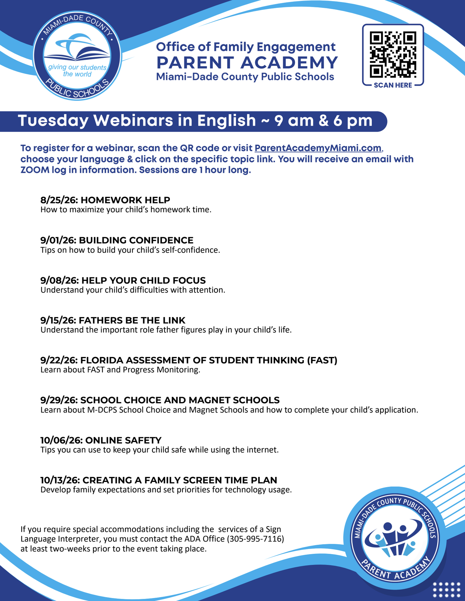 Promotional flyer listing Parent Academy Tuesday English webinar sessions and topics.