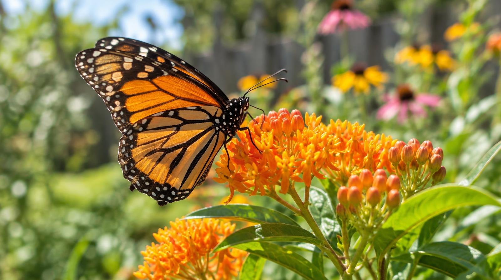 A monarch butterfly perched on an orange milkweed flower in a garden.
