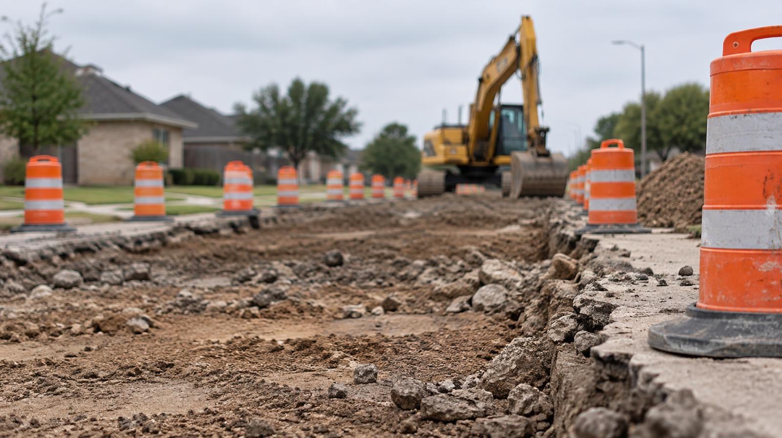 Torn-up suburban road with exposed subgrade, orange barrels, and an excavator in the distance.
