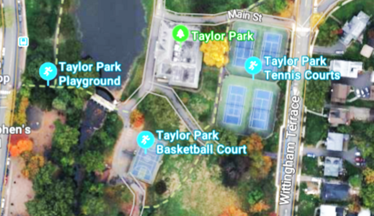 Satellite map view of Taylor Park showing playground, basketball court, tennis courts, and surrounding streets.