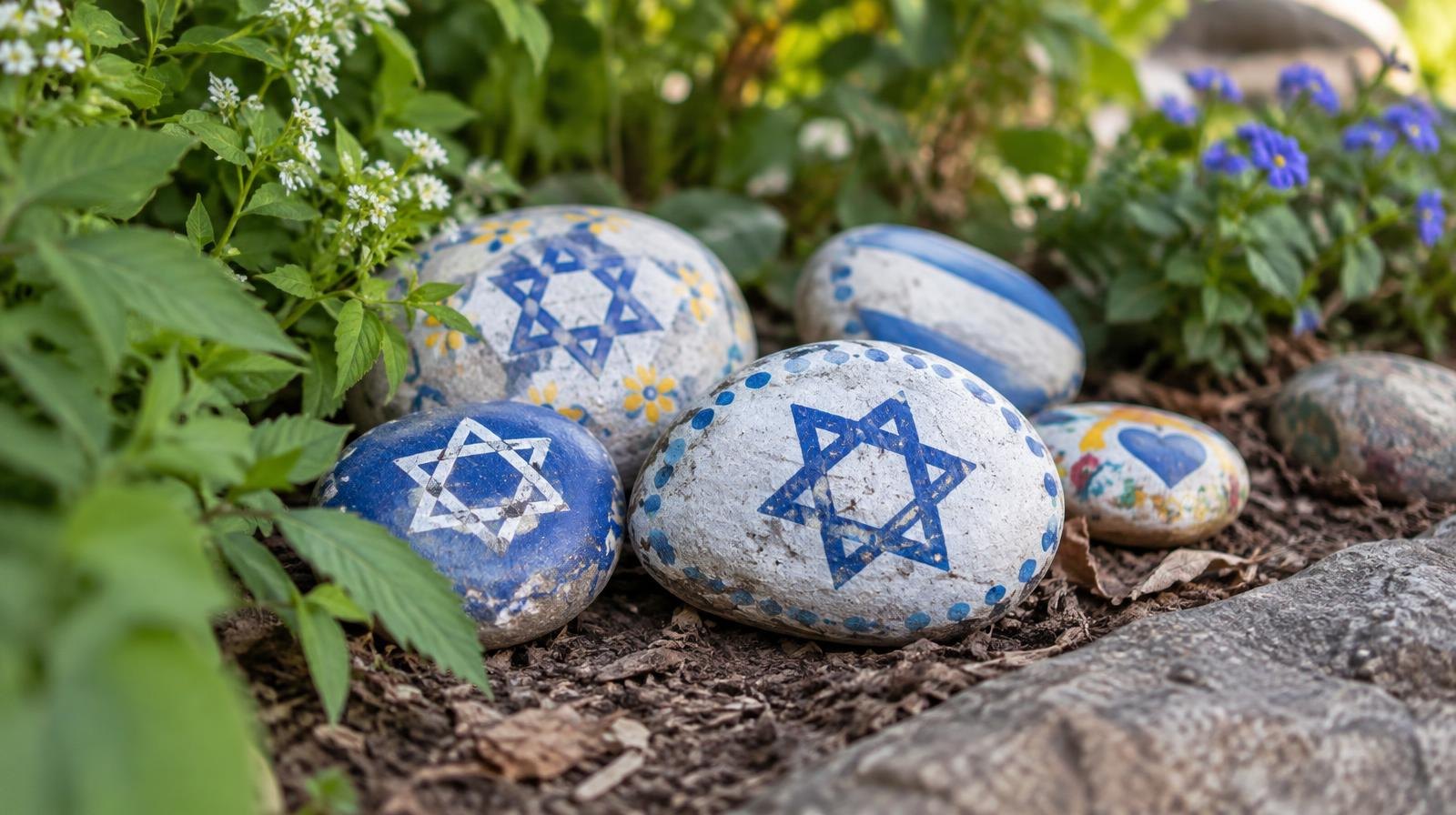 Smooth painted stones with colorful patterns and Stars of David in a garden.