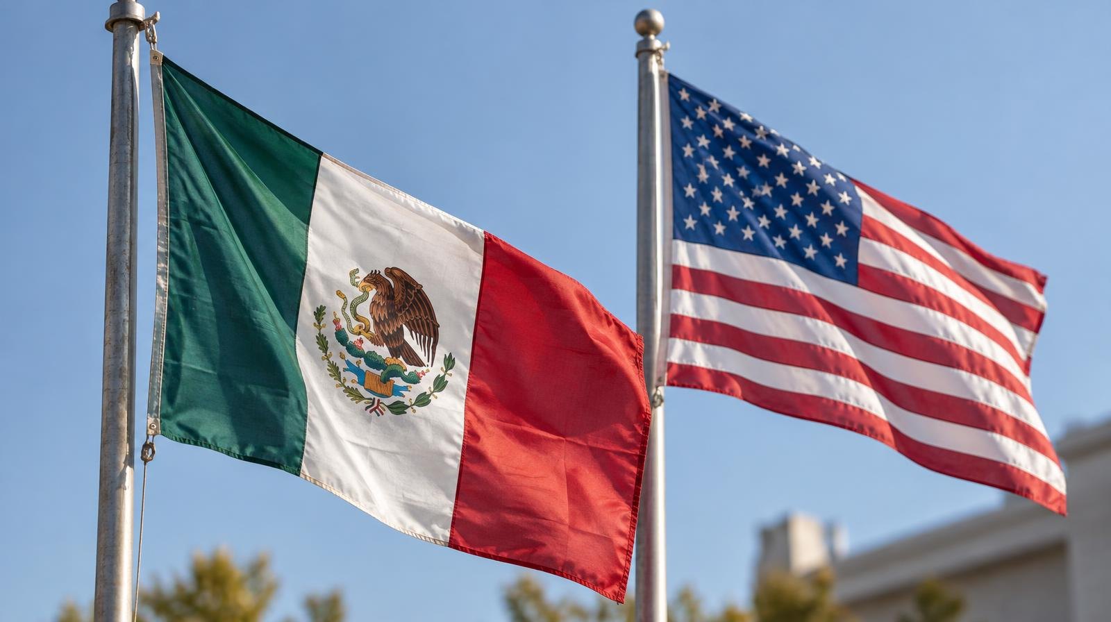 Mexican and American flags on flagpoles against a clear blue sky.