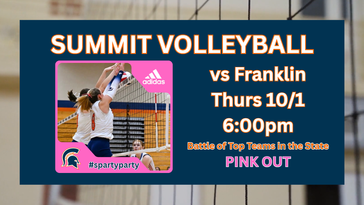 Event flyer for Summit Volleyball versus Franklin on October 1 with Pink Out designation.