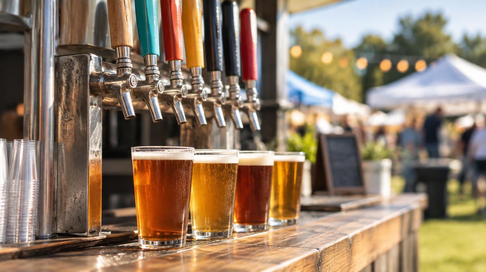 A row of colorful craft beer tap handles at an outdoor booth with glasses of beer.