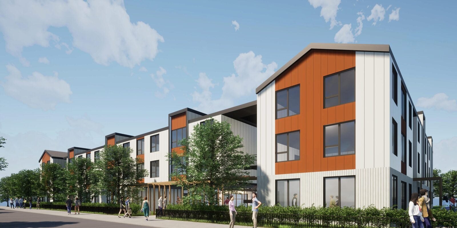 Architectural rendering of a three-story white and orange apartment building with street trees and pedestrians.