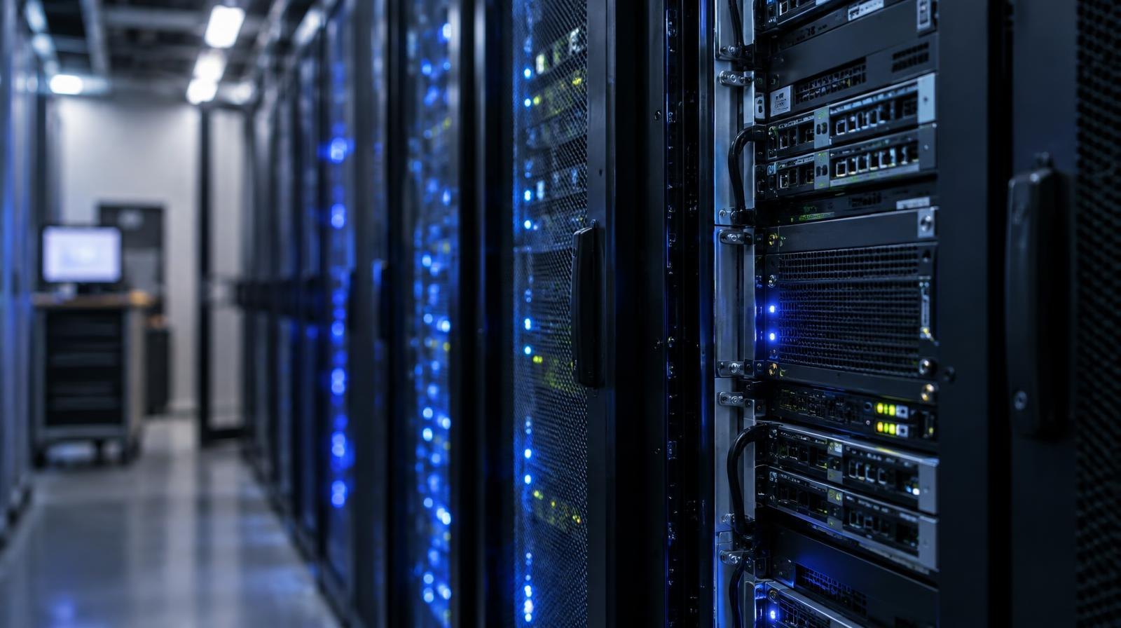 Illuminated server racks inside a modern data center with blue and white LED lighting.