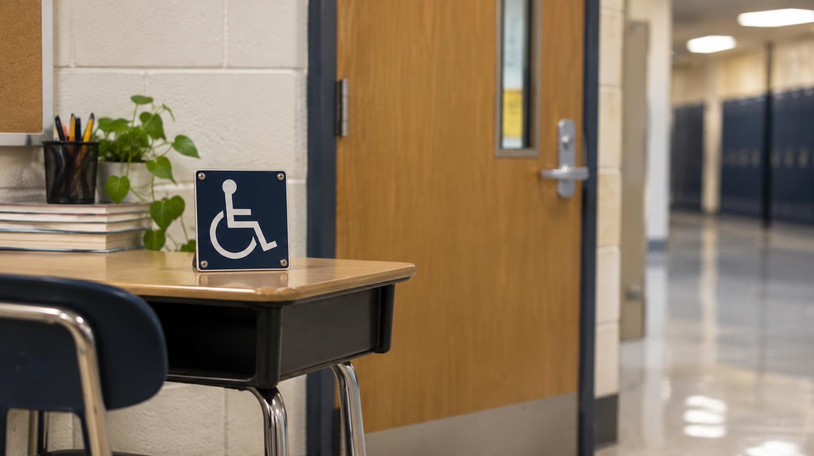 Small student desk beside a closed classroom door with a narrow window in a school hallway.