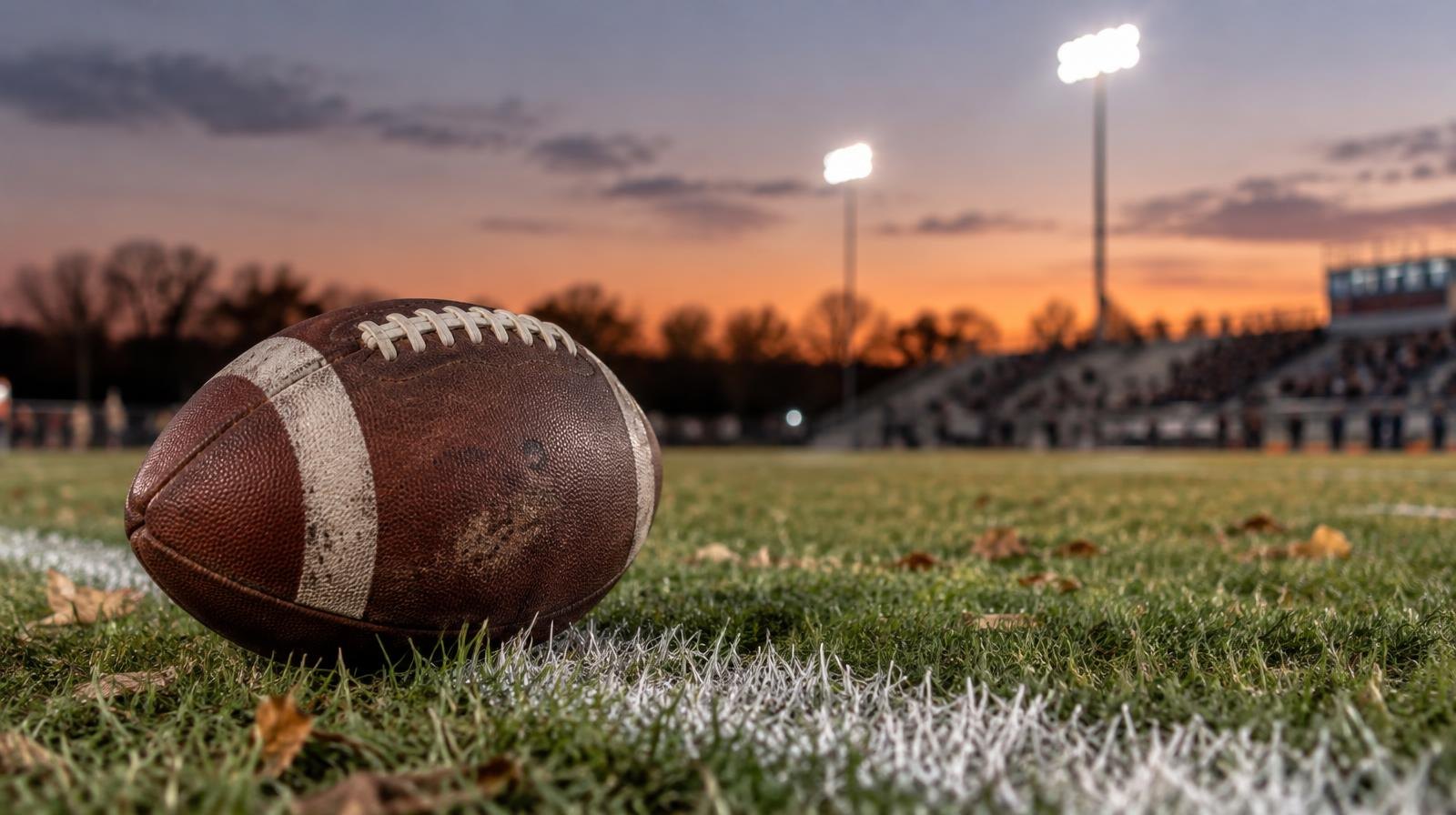An American football on a grass field with stadium lights glowing in the background at dusk.