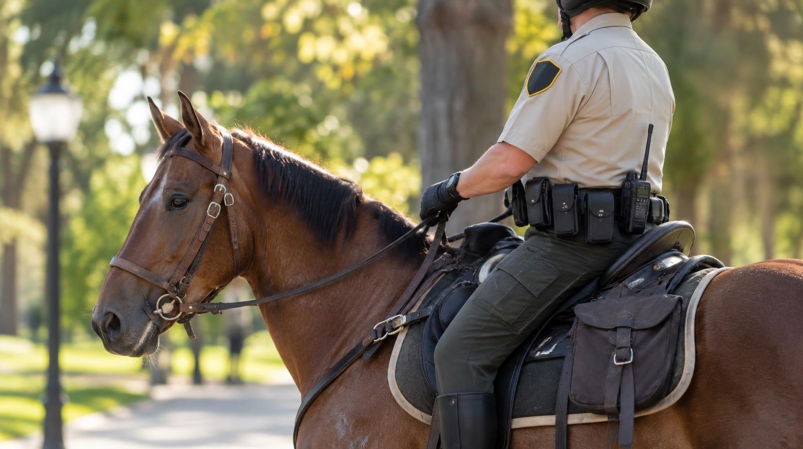 Uniformed deputy on horseback riding along a tree-lined park path.