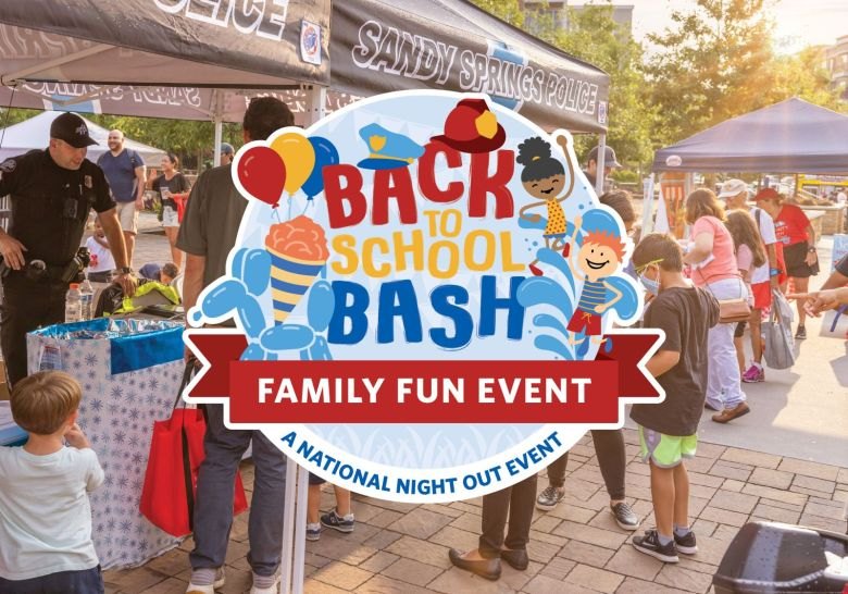Promotional graphic for Back to School Bash with families and police at an outdoor event.