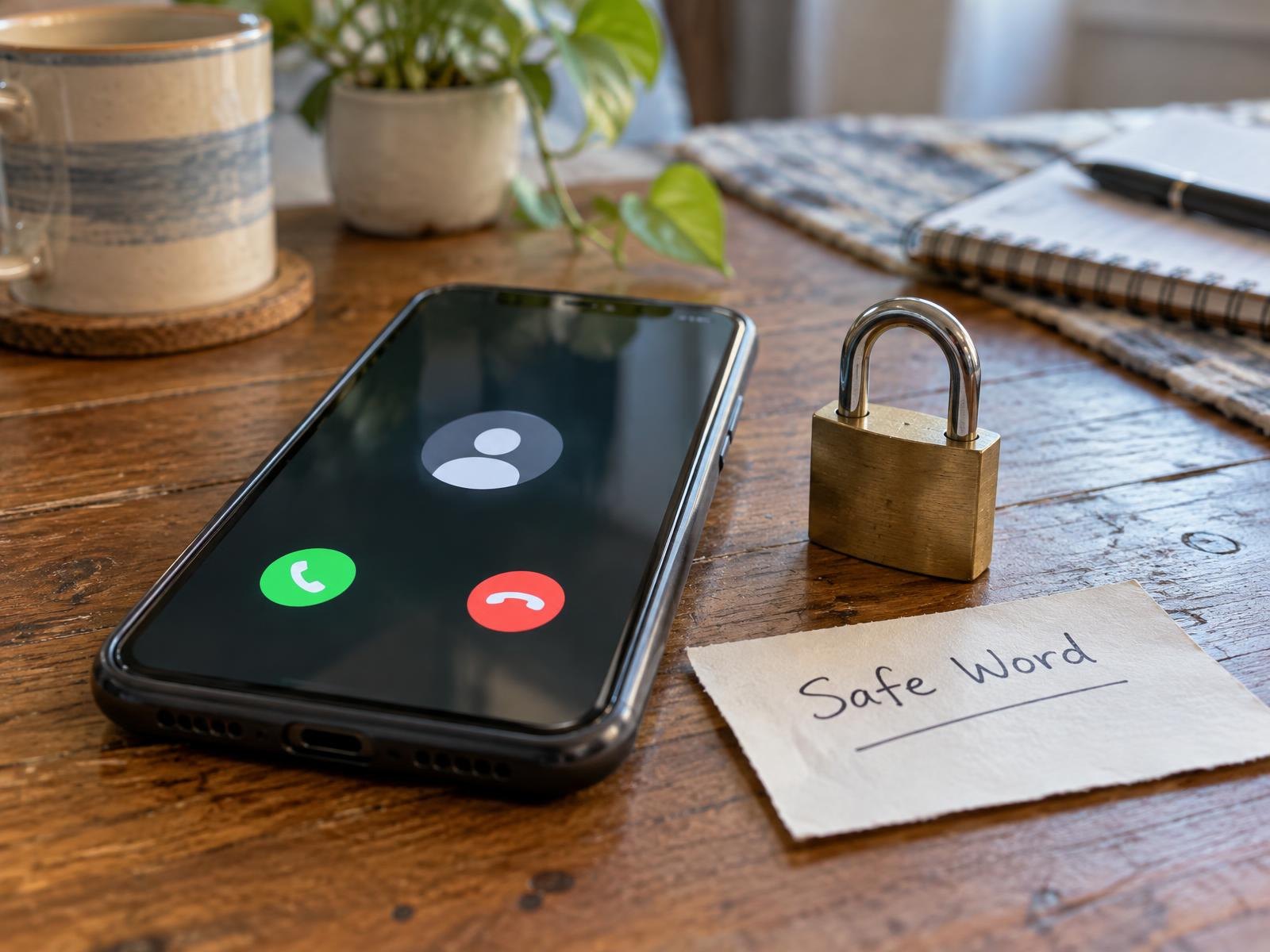 A smartphone on a wooden table beside a padlock and a small handwritten note.