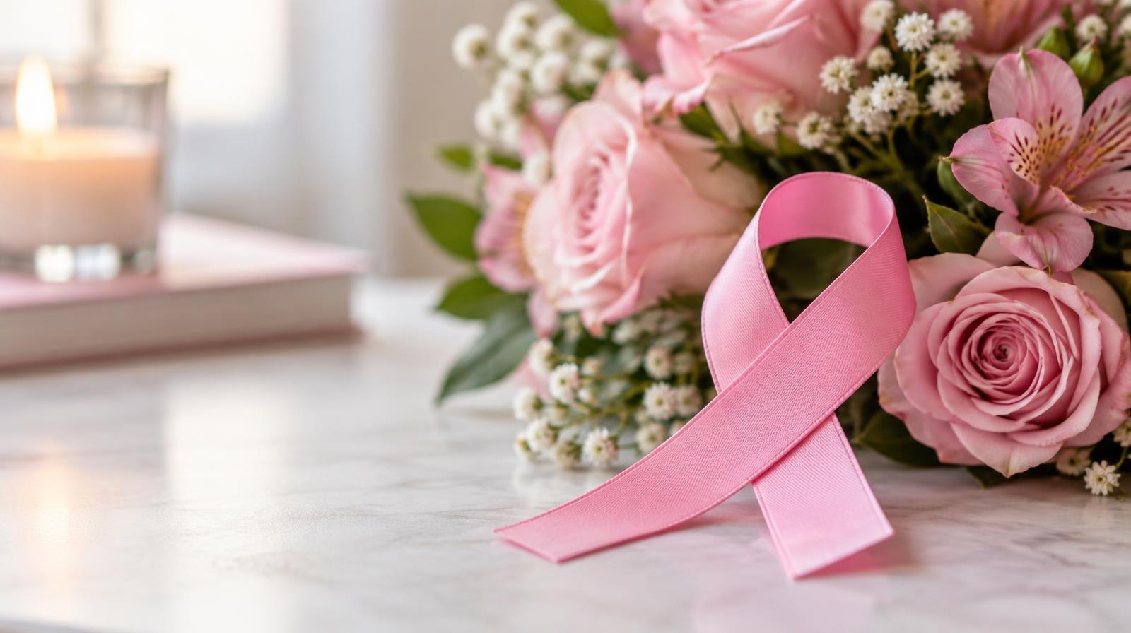 A pink ribbon resting on a white surface next to small pink flowers.