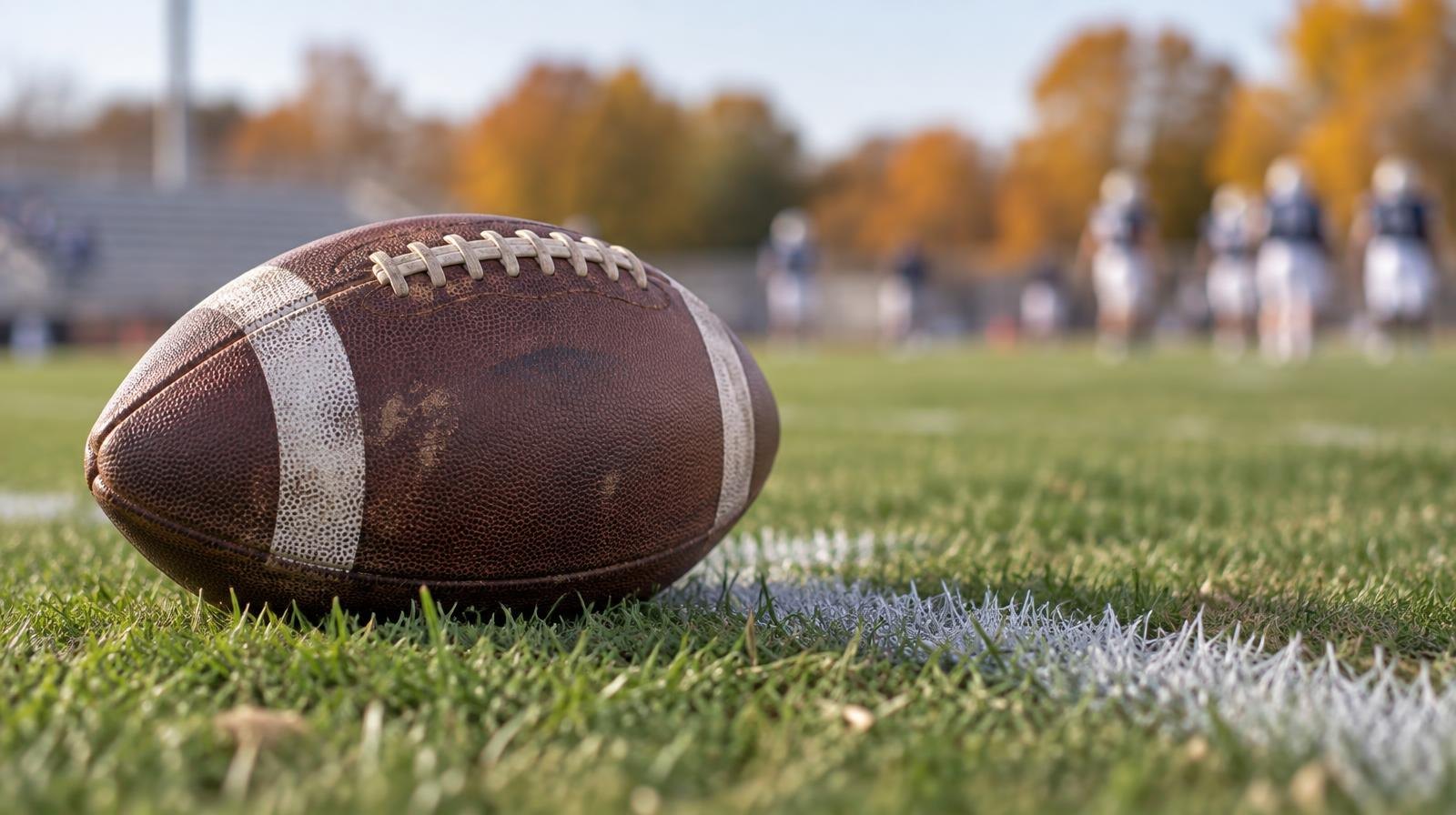 An American football resting on green grass beside a white painted yard line.