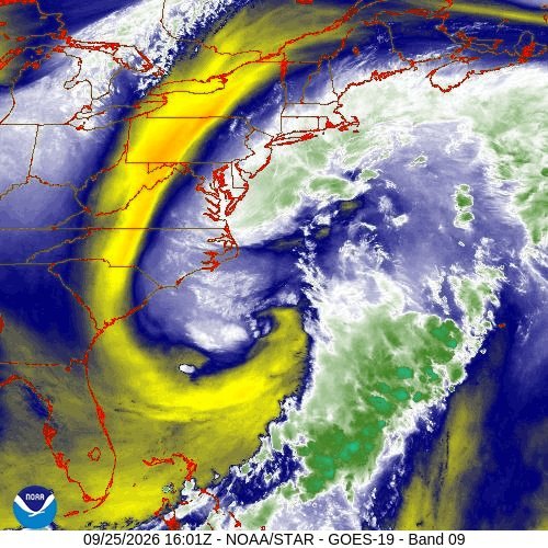 Satellite image showing a large cyclonic storm system spiraling off the East Coast.