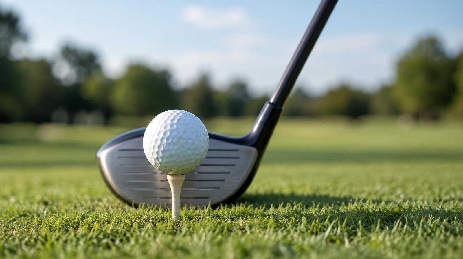 Golf ball on a tee with a club head positioned behind it on green grass.