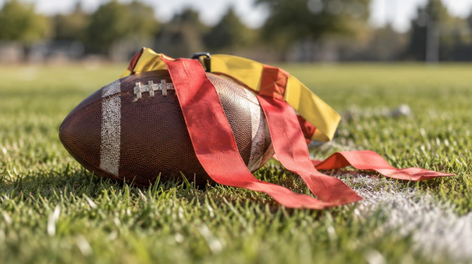 A football with a colorful flag belt draped over it on green grass near a white yard line.